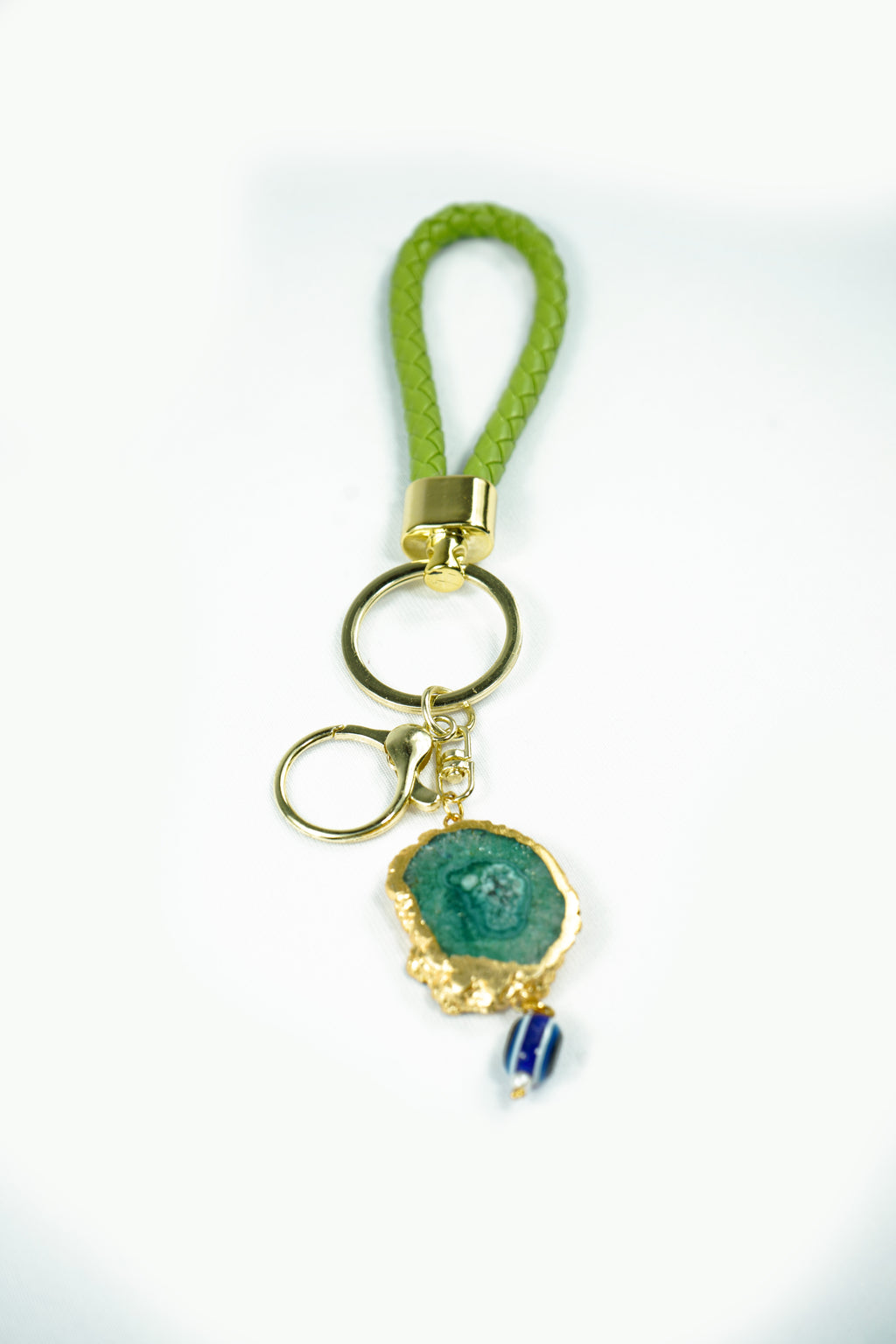 Green Solar Agate Gold Plated Key Chain with Evil Eye