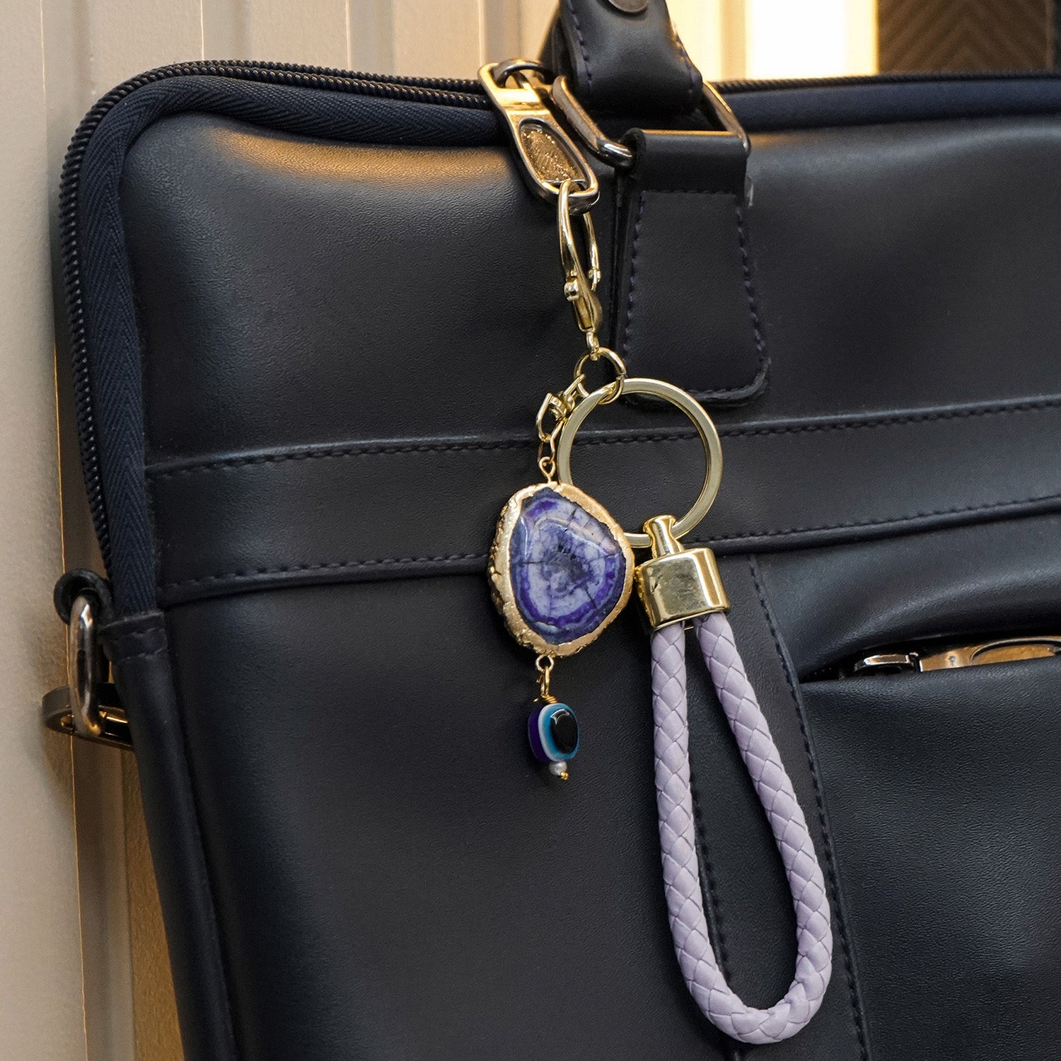 Purple Solar Agate Gold Plated Key Chain with Evil Eye