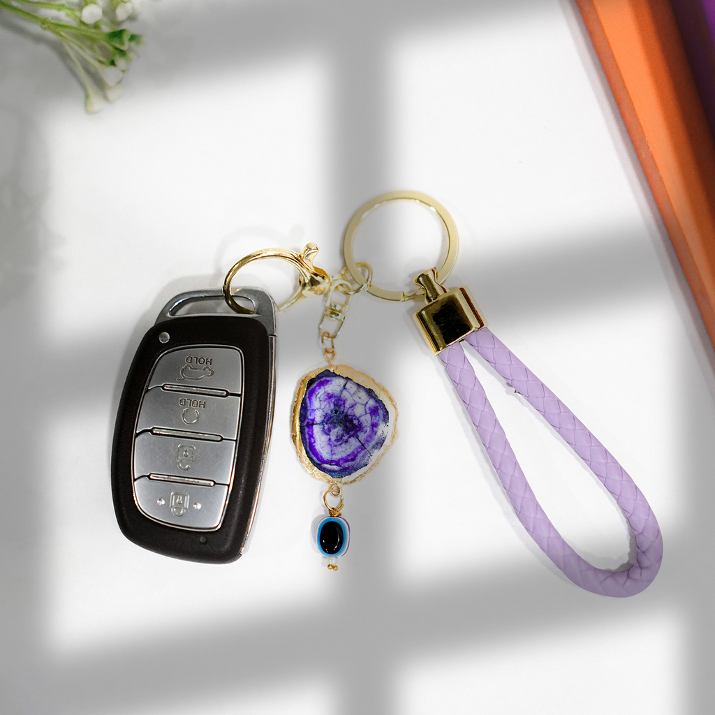 Purple Solar Agate Gold Plated Key Chain with Evil Eye