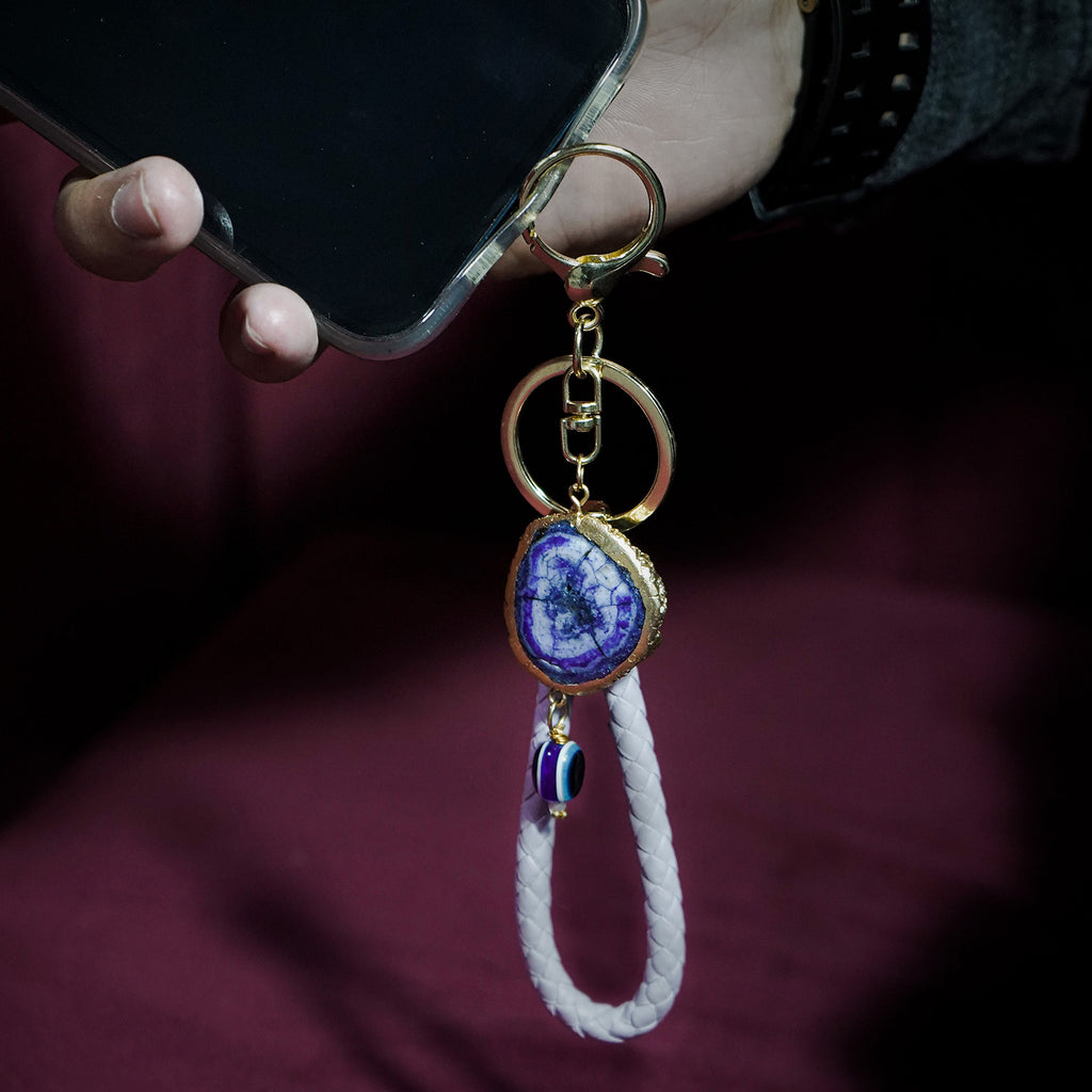 Purple Solar Agate Gold Plated Key Chain with Evil Eye