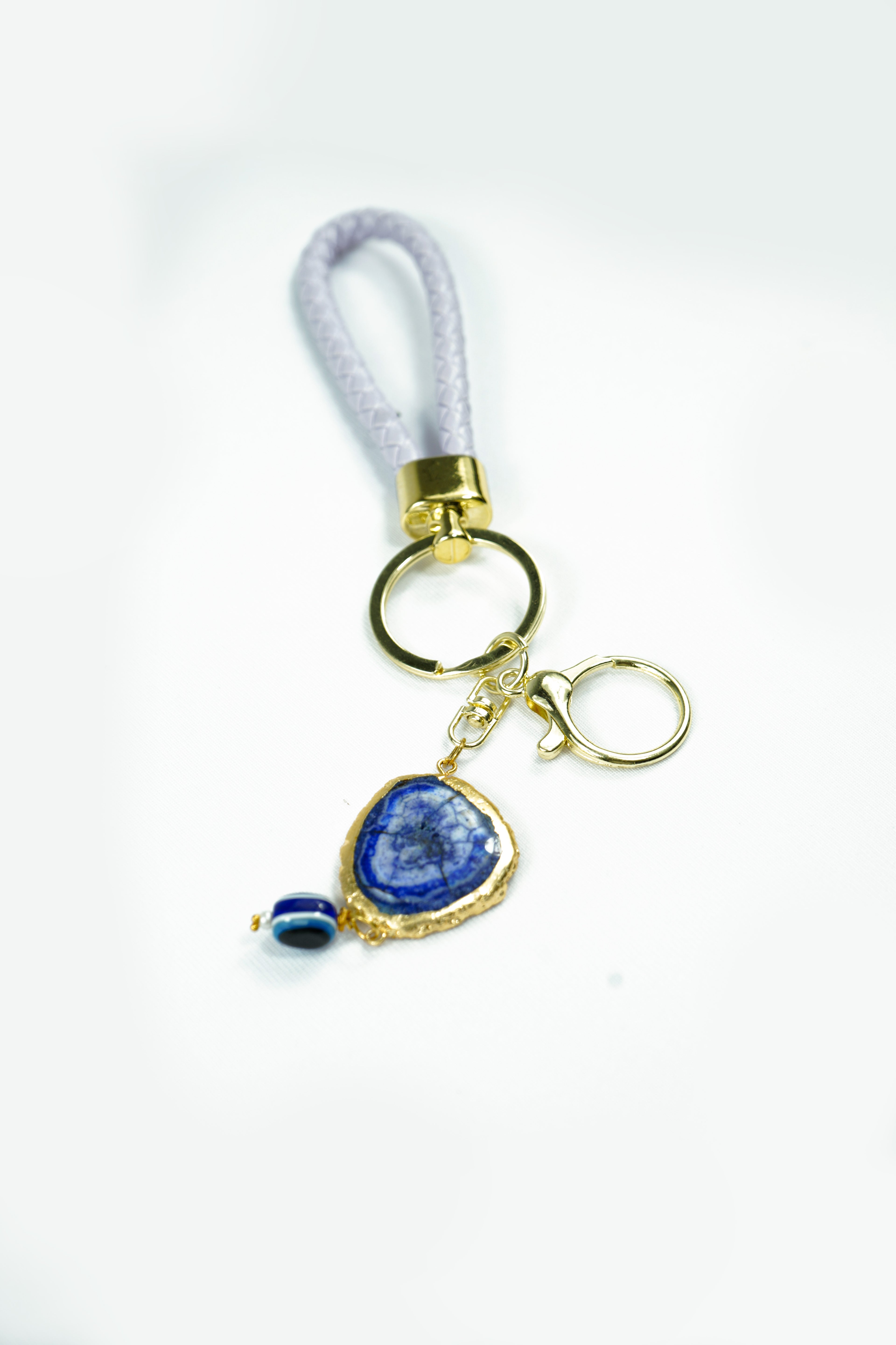 Purple Solar Agate Gold Plated Key Chain with Evil Eye