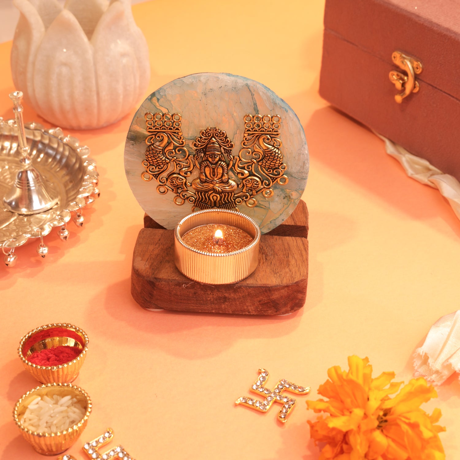 Agate Laxmi Ji Wooden Tealight - Blue