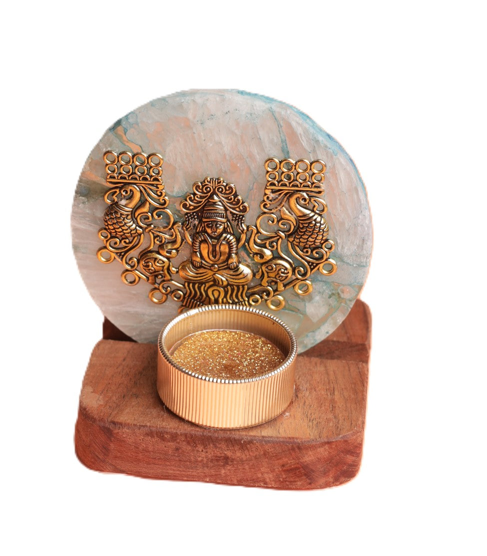 Agate Laxmi Ji Wooden Tealight - Blue