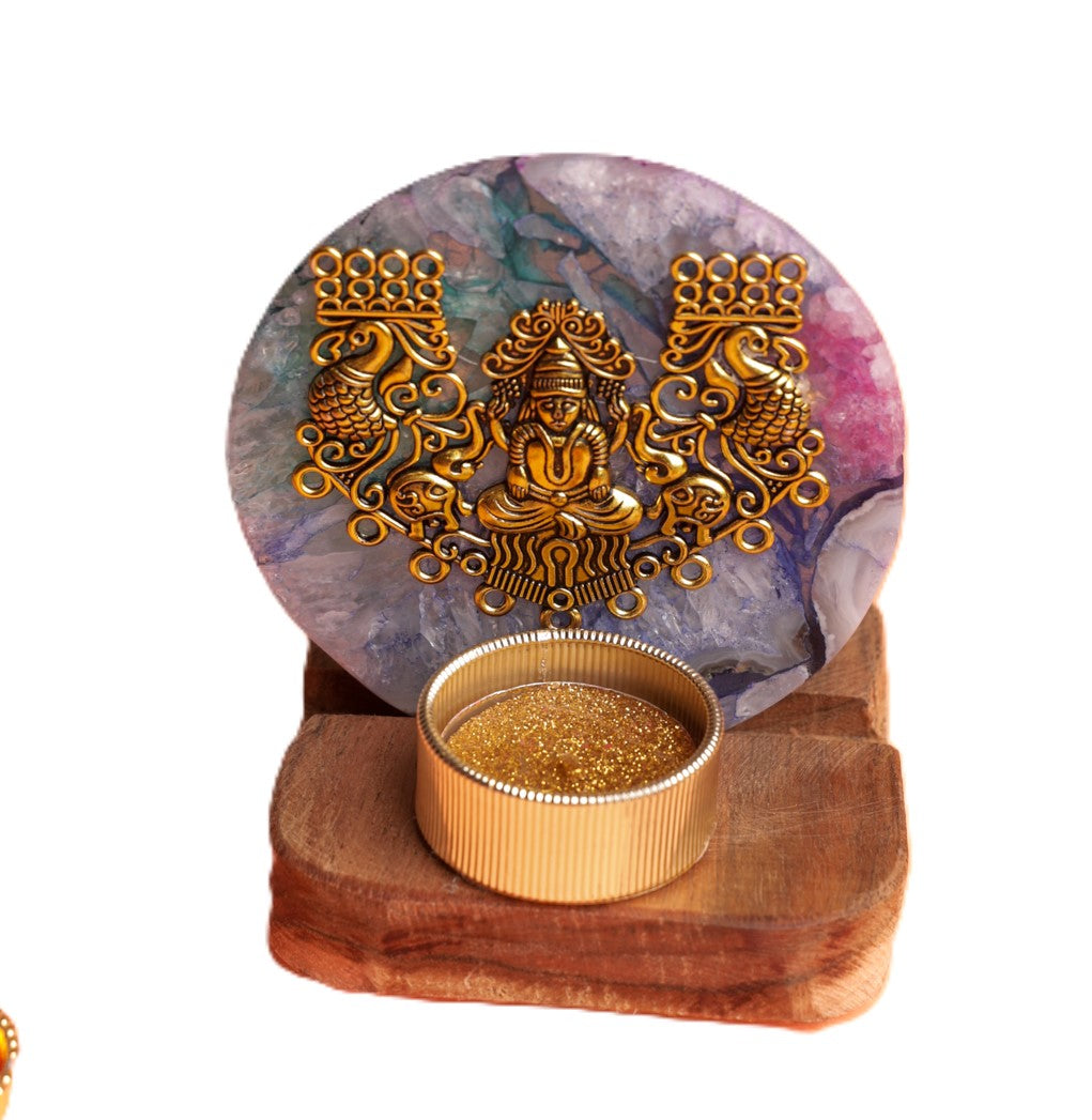 Agate Laxmi Ji Wooden Tealight - Mixed Agate