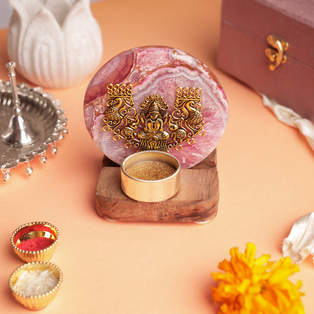 Agate Laxmi Ji Wooden Tealight - Pink