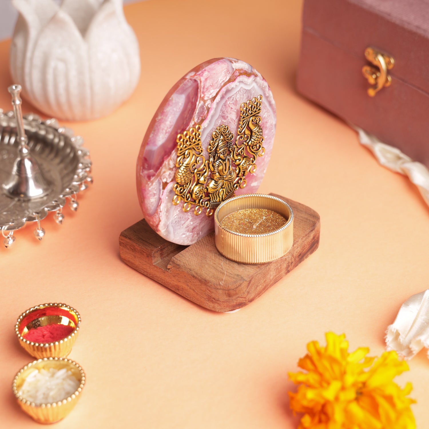Agate Laxmi Ji Wooden Tealight - Pink
