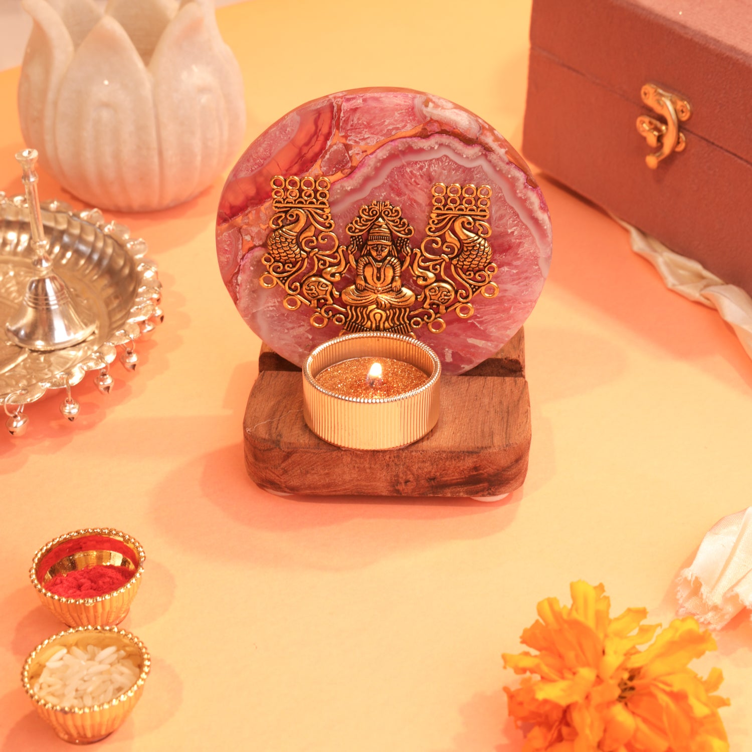 Agate Laxmi Ji Wooden Tealight - Pink