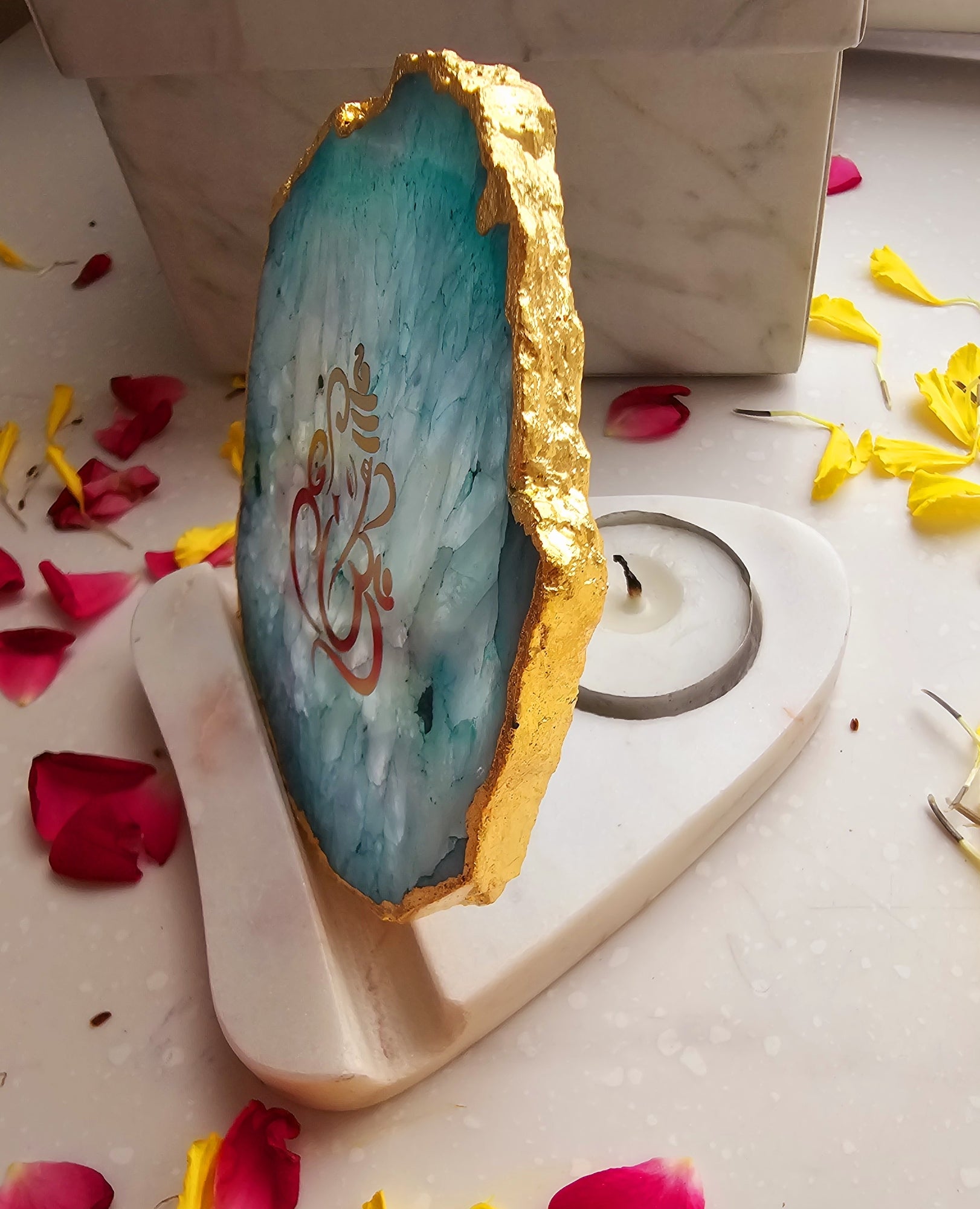 Ganesha Agate with Marble Base Back Side Tealight-Green