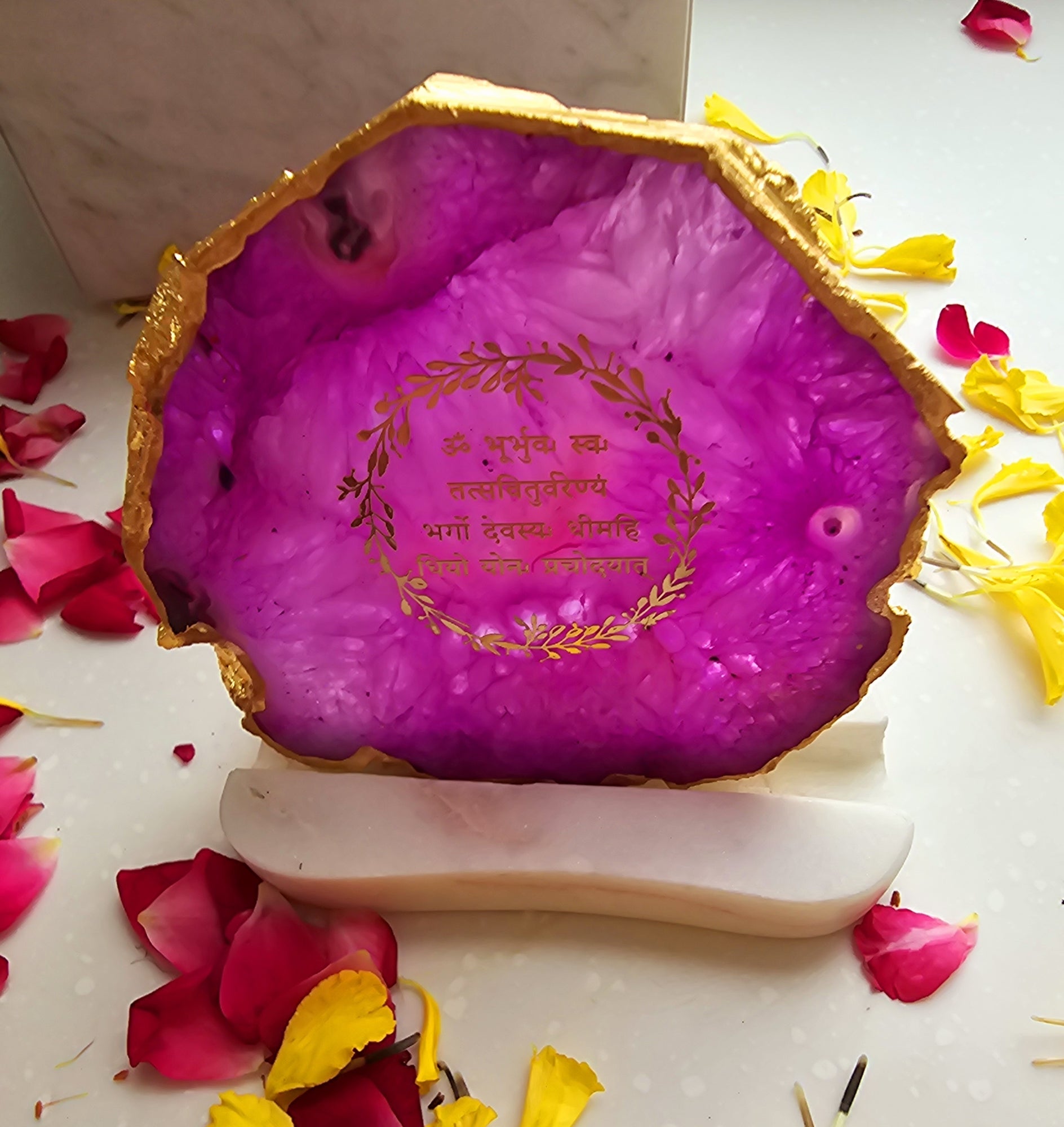 Gayatri Mantra Agate with Marble Base Back Side Tealight-Pink