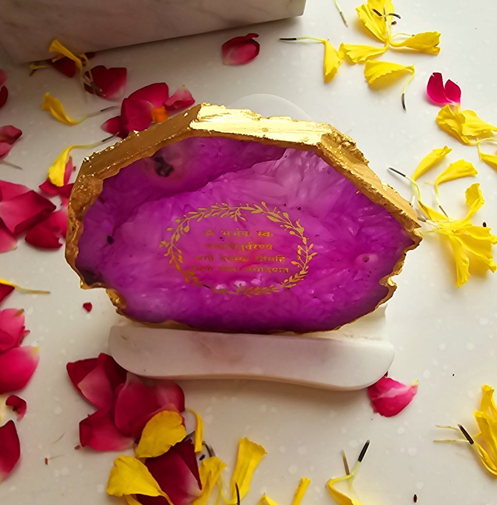 Gayatri Mantra Agate with Marble Base Back Side Tealight-Pink