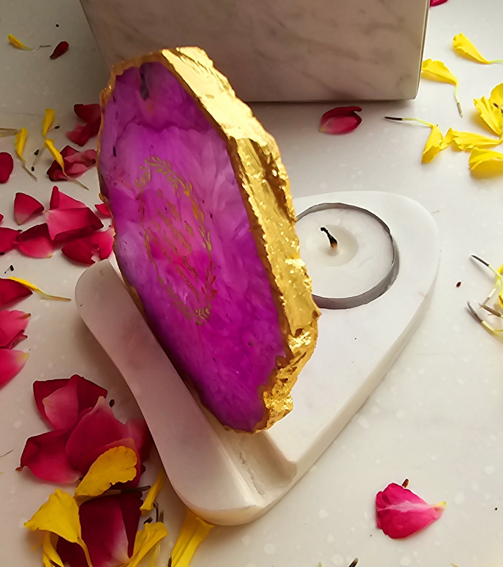 Gayatri Mantra Agate with Marble Base Back Side Tealight-Pink