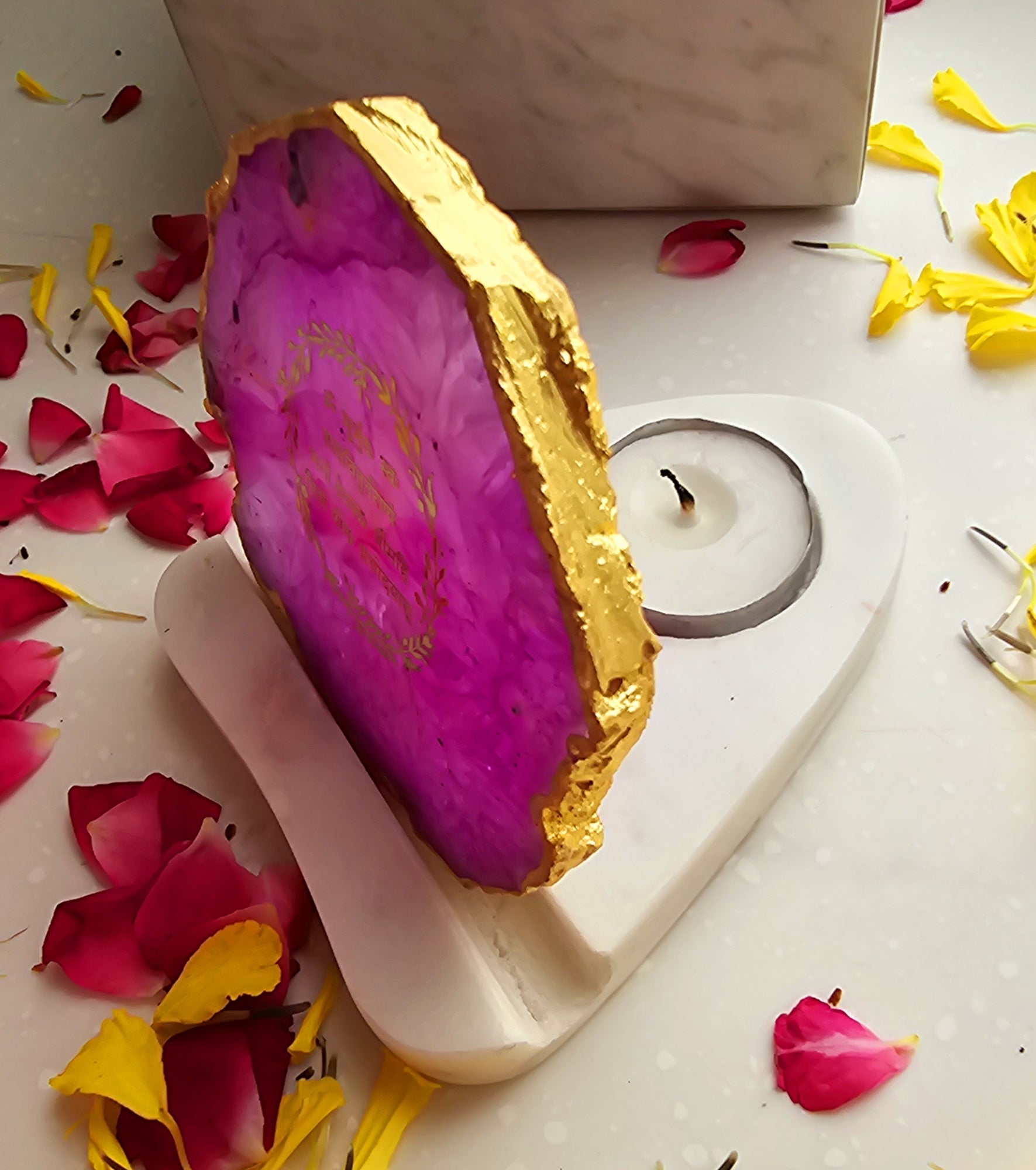 Gayatri Mantra Agate with Marble Base Back Side Tealight-Pink