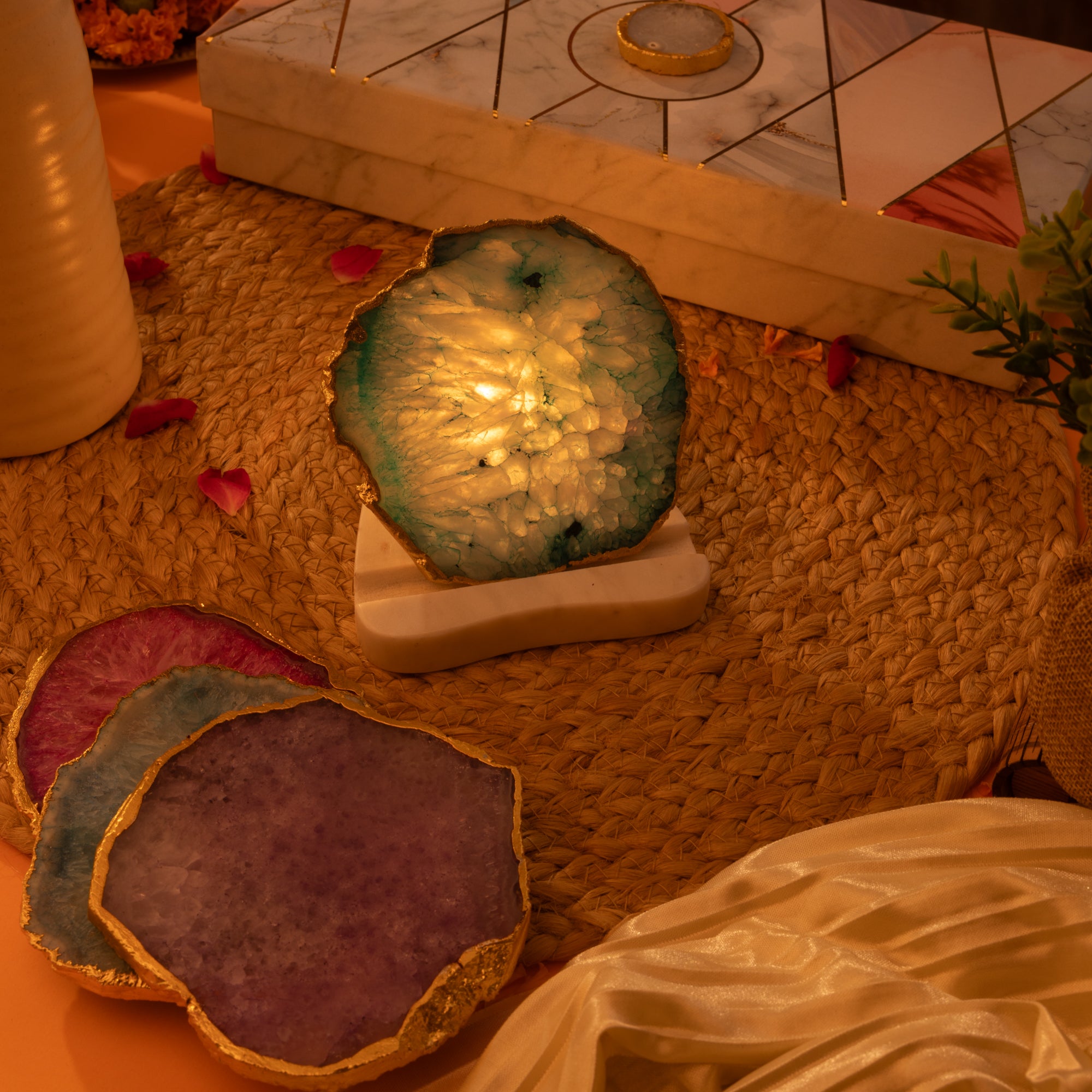 Agate with Marble Base Back Side Tealight Lamp -Green