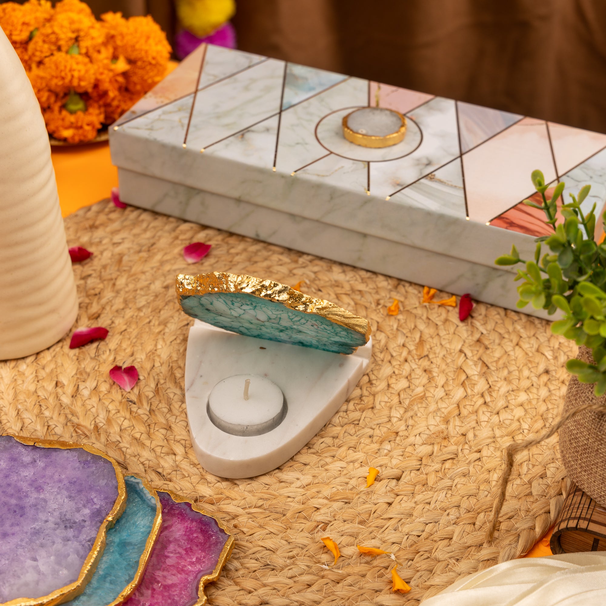 Agate with Marble Base Back Side Tealight Lamp -Green