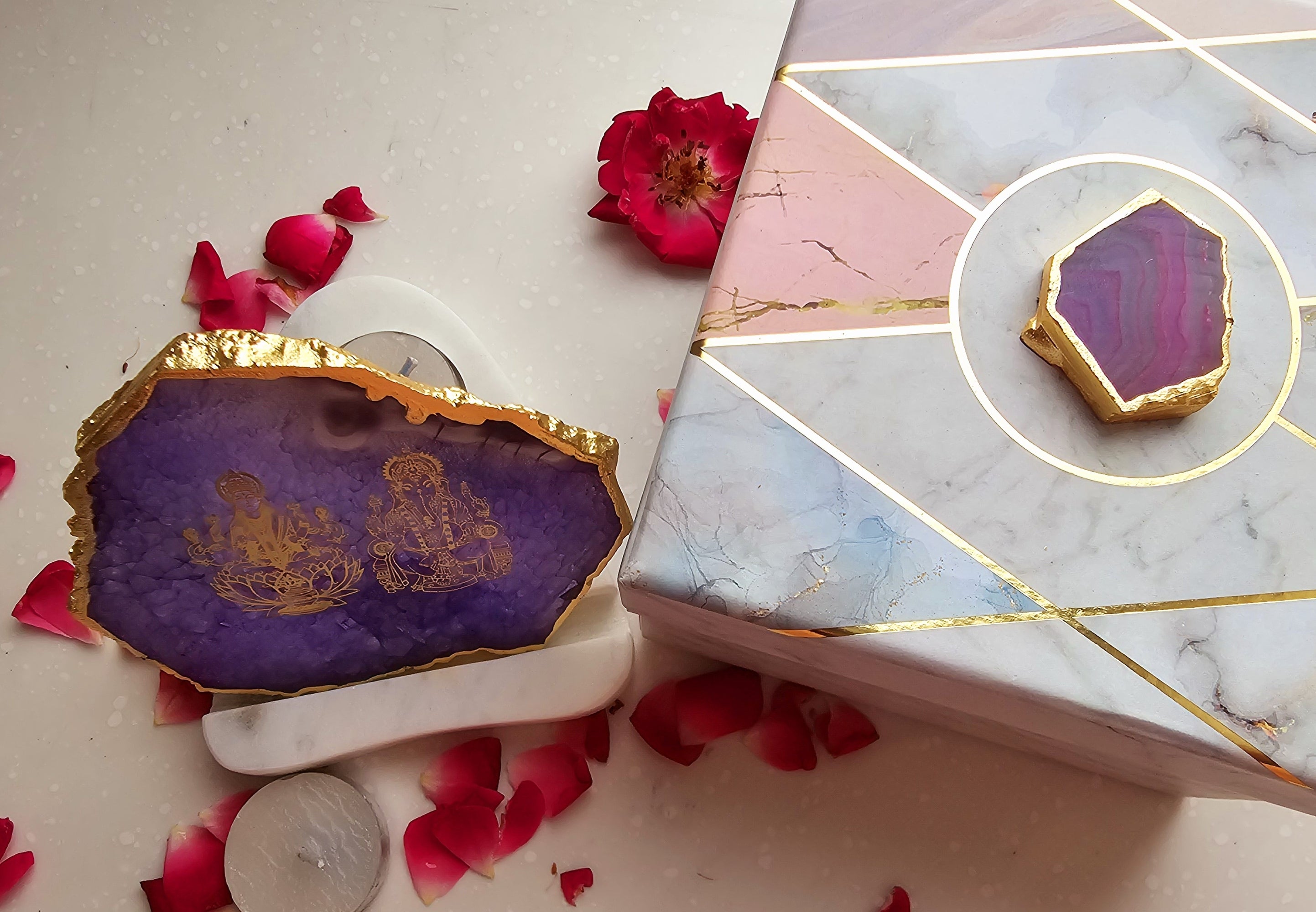 Laxmi Ganesha Agate with Marble Base Back Side Tealight-Purple