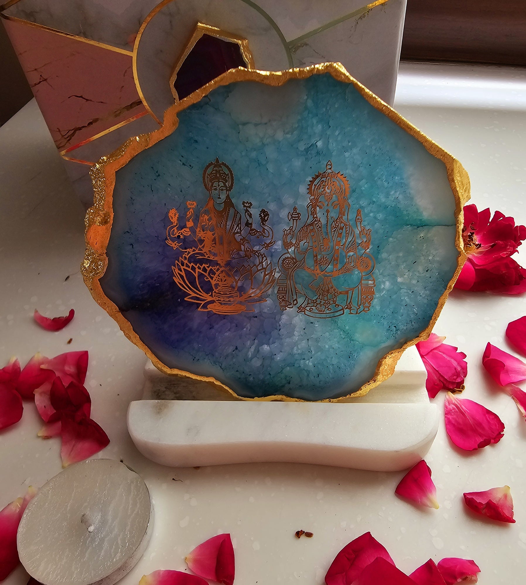 Laxmi Ganesha Agate with Marble Base Back Side Tealight-Turquoise
