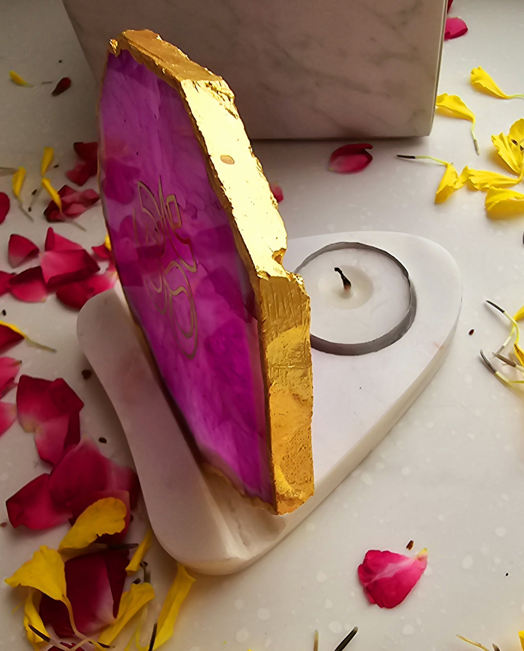 OM Agate with Marble Base Back Side Tealight-Pink