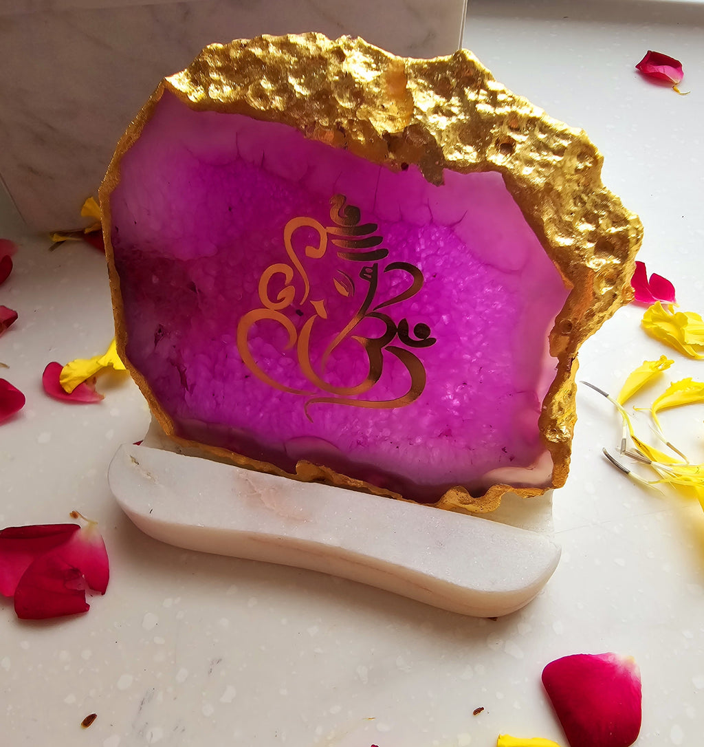 Ganesha Agate with Marble Base Back Side Tealight-Pink