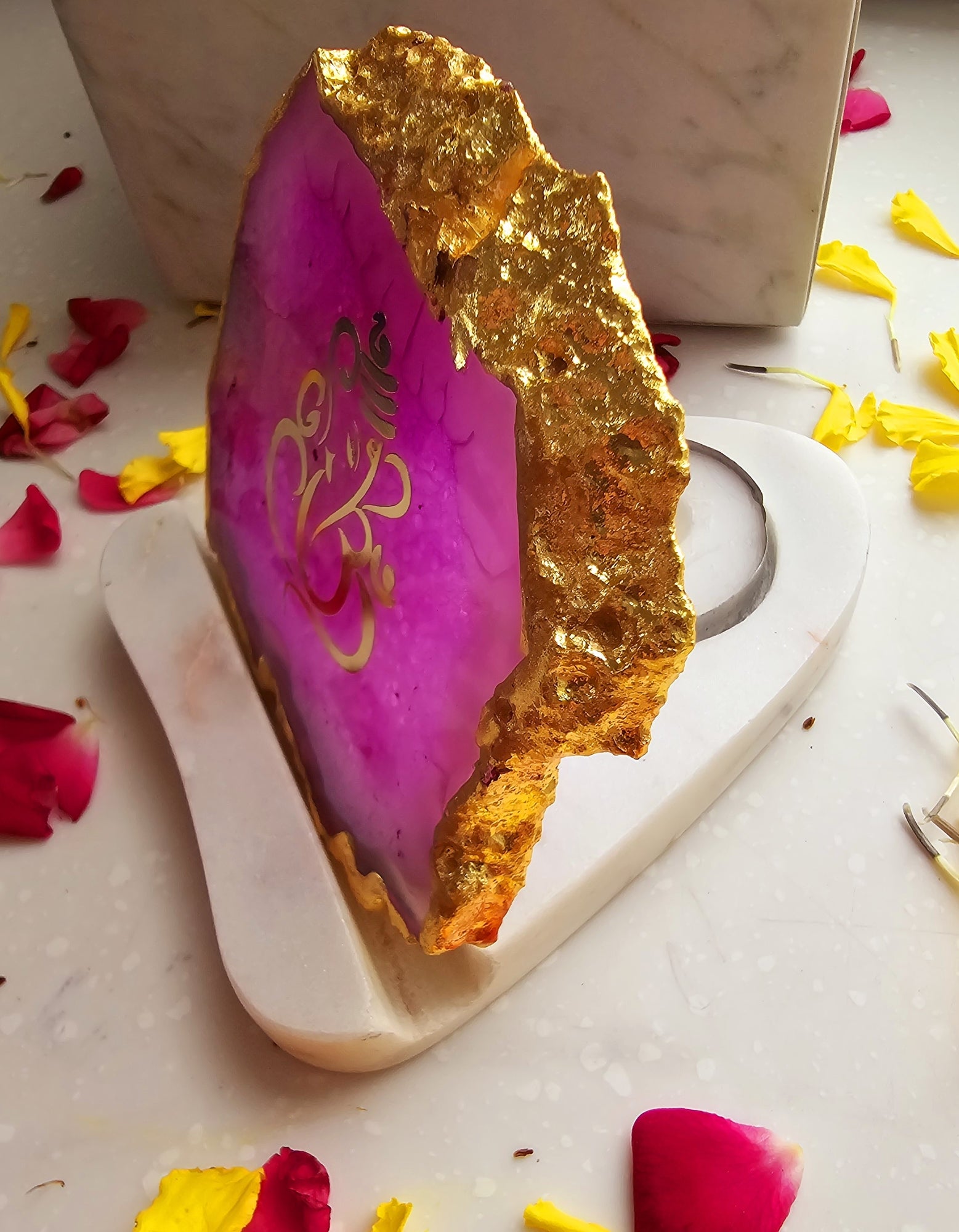 Ganesha Agate with Marble Base Back Side Tealight-Pink