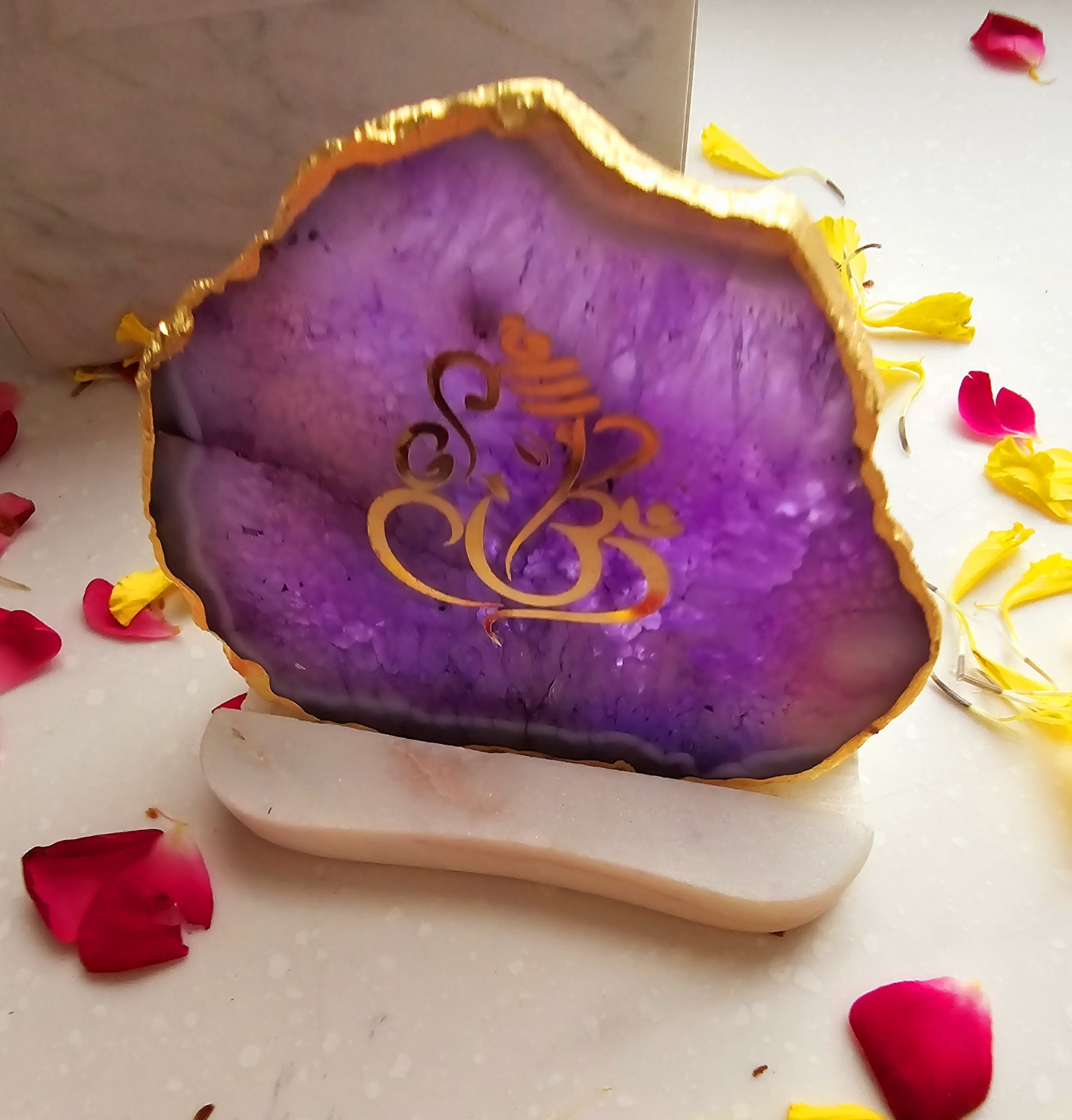 Ganesha Agate with Marble Base Back Side Tealight-Purple