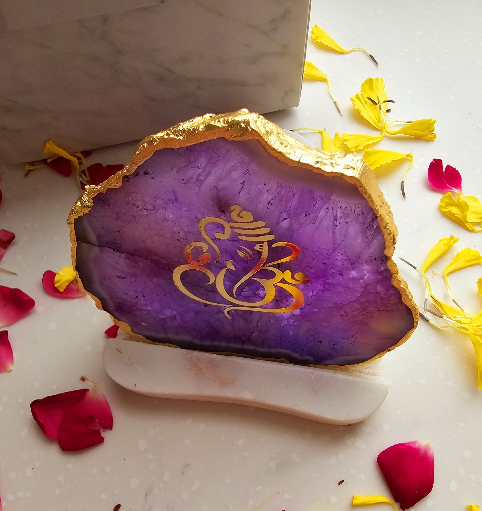 Ganesha Agate with Marble Base Back Side Tealight-Purple
