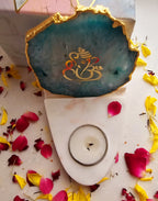 Ganesha Agate with Marble Base Front Side Tealight-Green