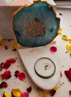 Ganesha Agate with Marble Base Front Side Tealight-Green