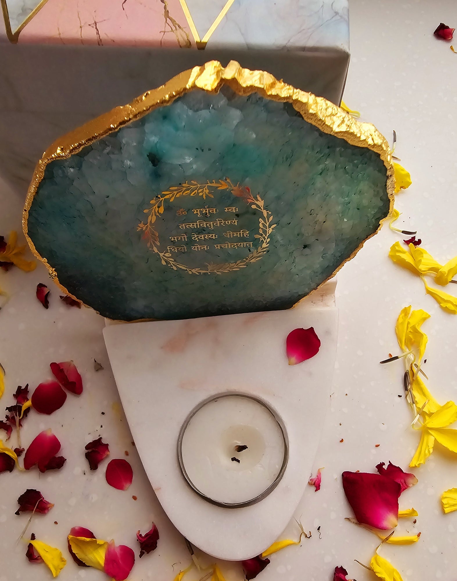 Gayatri Mantra Agate with Marble Base Front Side Tealight-Green