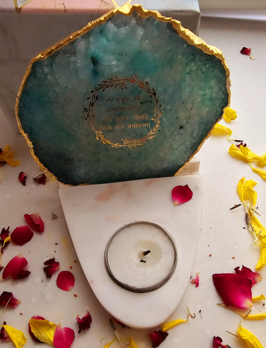 Gayatri Mantra Agate with Marble Base Front Side Tealight-Green