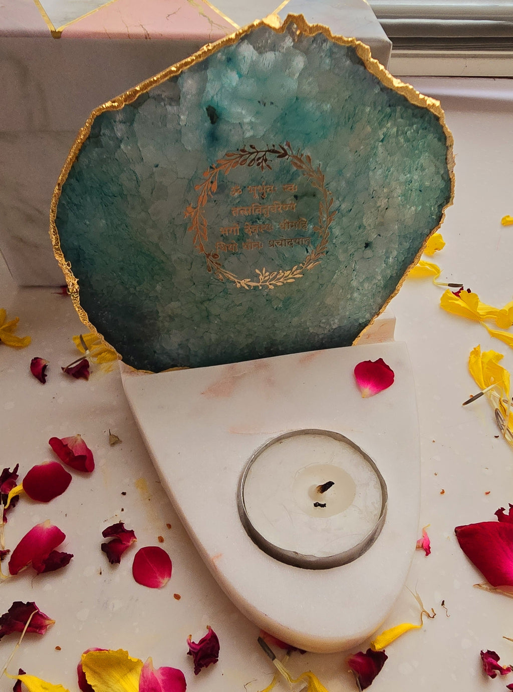Gayatri Mantra Agate with Marble Base Front Side Tealight-Green