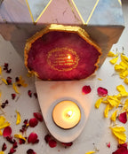 Gayatri Mantra Agate with Marble Base Front Side Tealight-Pink