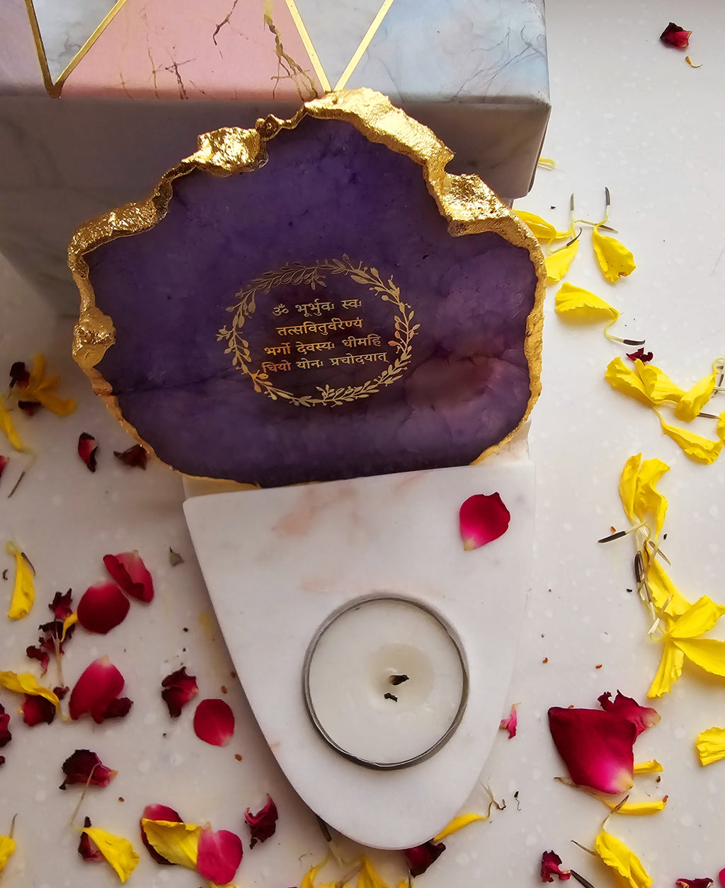 Gayatri Mantra Agate with Marble Base Front Side Tealight-Purple
