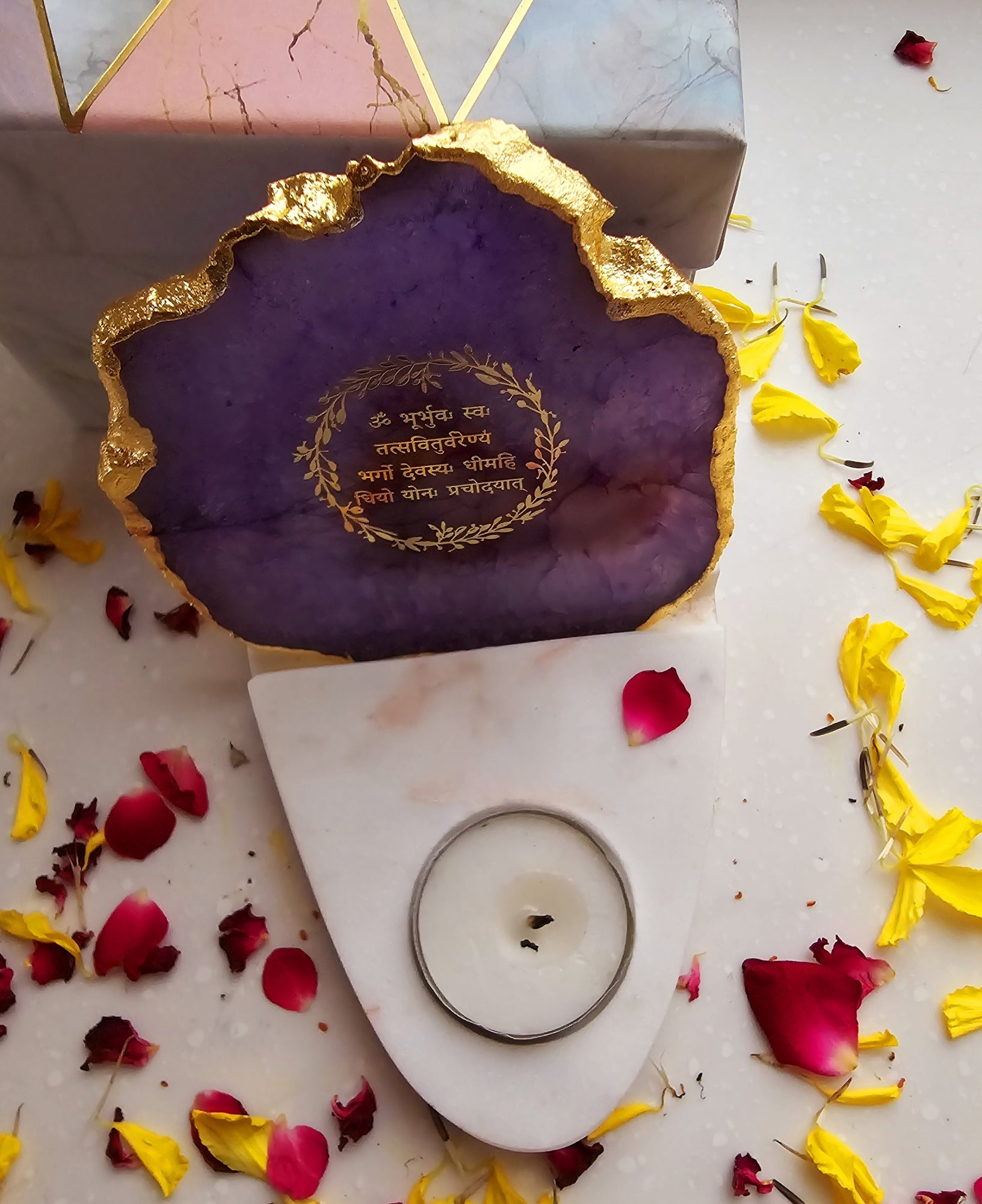 Gayatri Mantra Agate with Marble Base Front Side Tealight-Purple