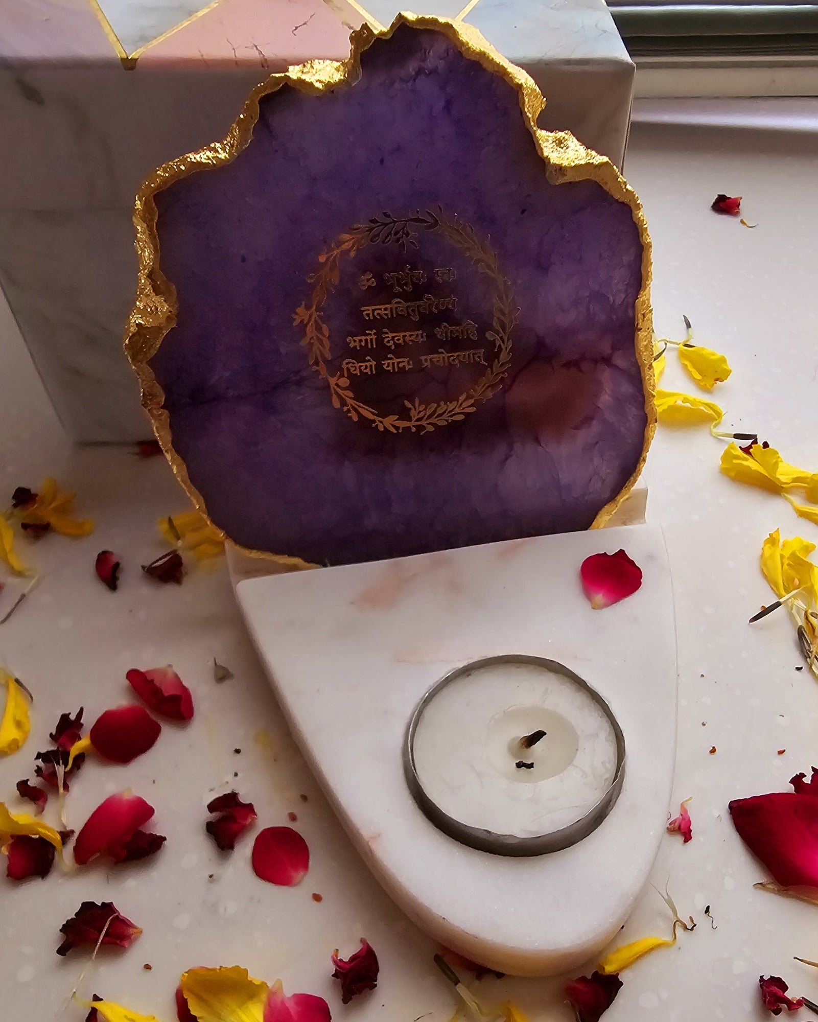 Gayatri Mantra Agate with Marble Base Front Side Tealight-Purple