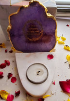 Gayatri Mantra Agate with Marble Base Front Side Tealight-Purple