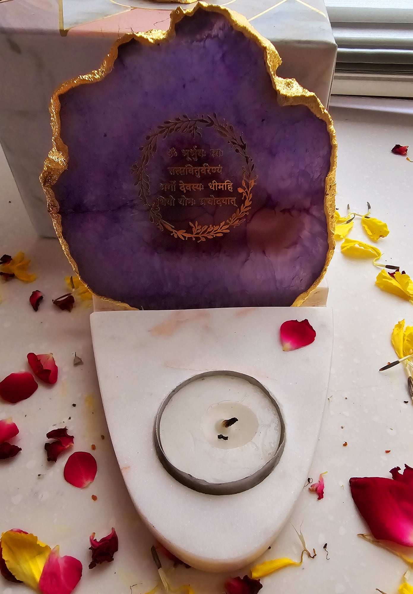 Gayatri Mantra Agate with Marble Base Front Side Tealight-Purple