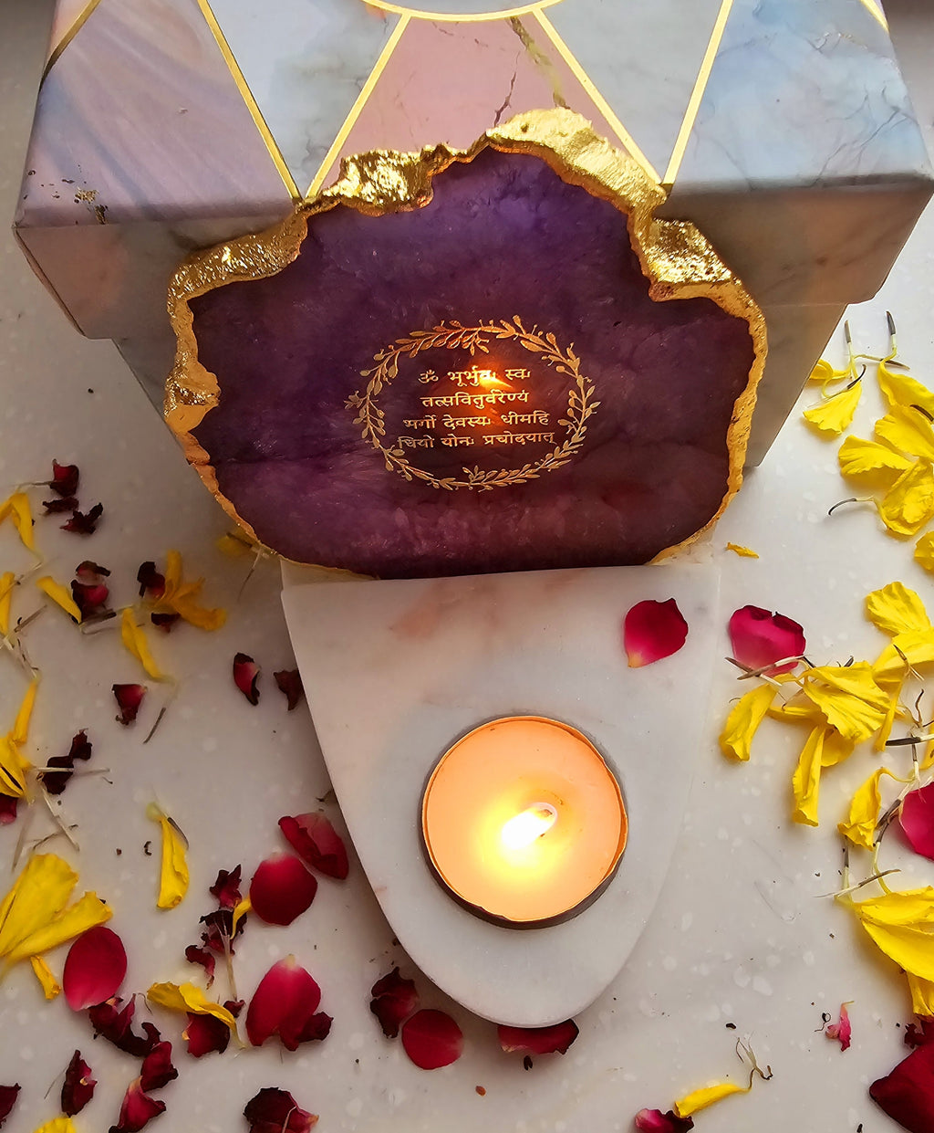 Gayatri Mantra Agate with Marble Base Front Side Tealight-Purple