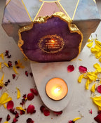 Gayatri Mantra Agate with Marble Base Front Side Tealight-Purple