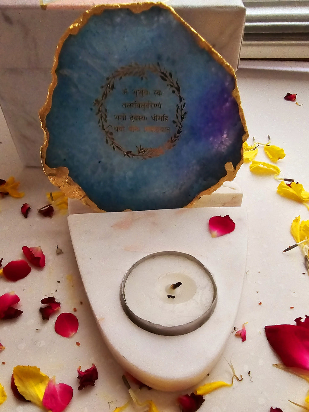Gayatri Mantra Agate with Marble Base Front Side Tealight-Turquoise