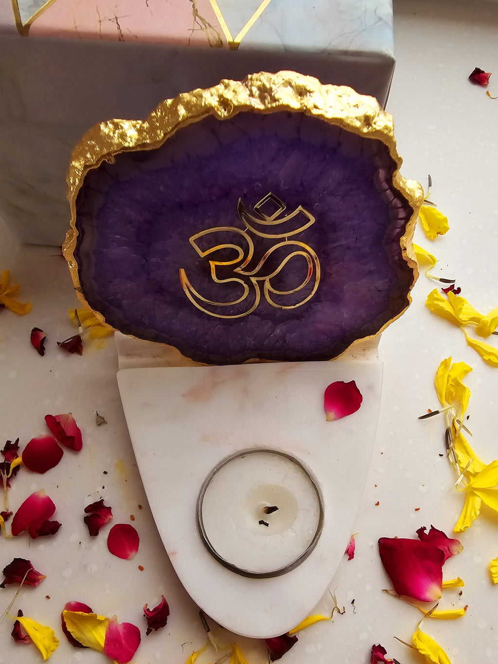 OM Agate with Marble Base Front Side Tealight-Purple