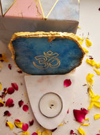 OM Agate with Marble Base Front Side Tealight-Turquoise