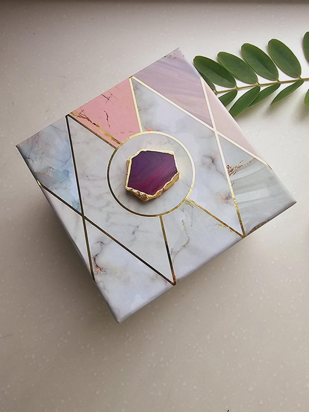 Gayatri Mantra Agate with Marble Base Front Side Tealight-Turquoise