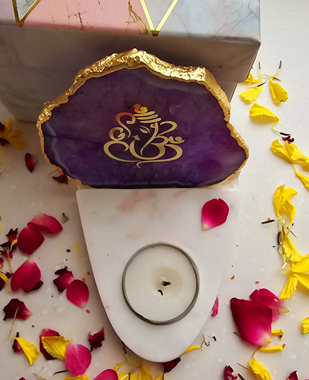 Ganesha Agate with Marble Base Front Side Tealight-Purple