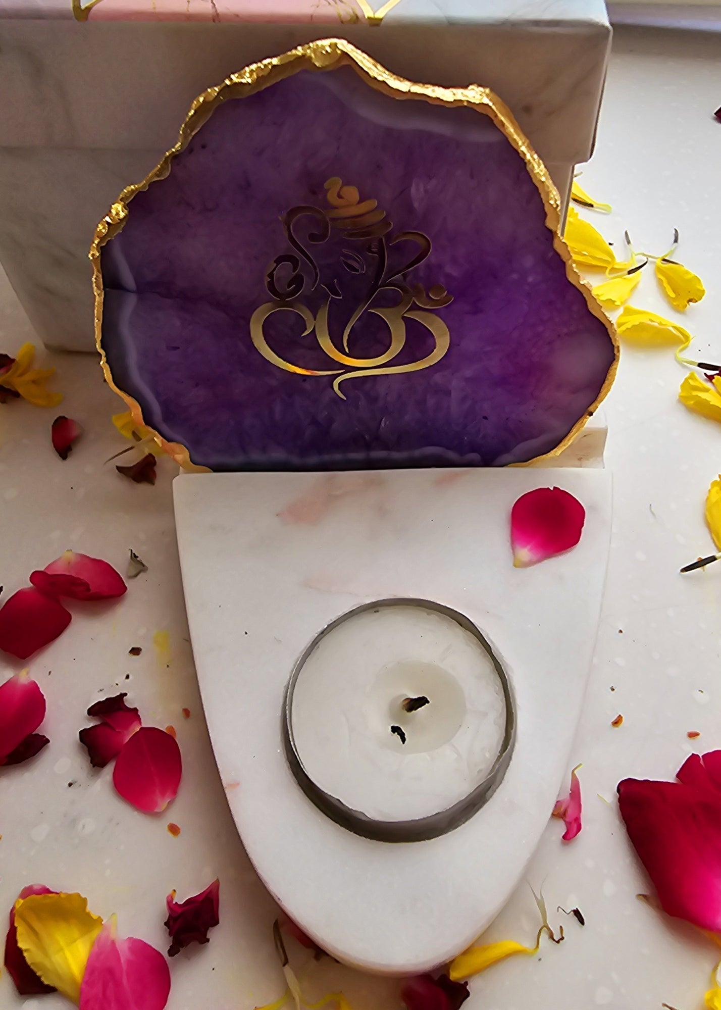 Ganesha Agate with Marble Base Front Side Tealight-Purple