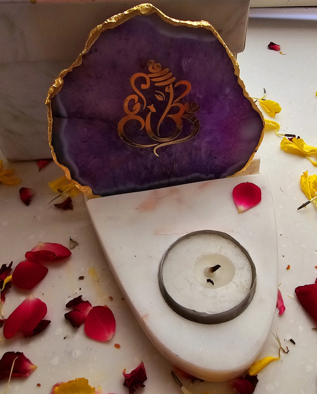 Ganesha Agate with Marble Base Front Side Tealight-Purple
