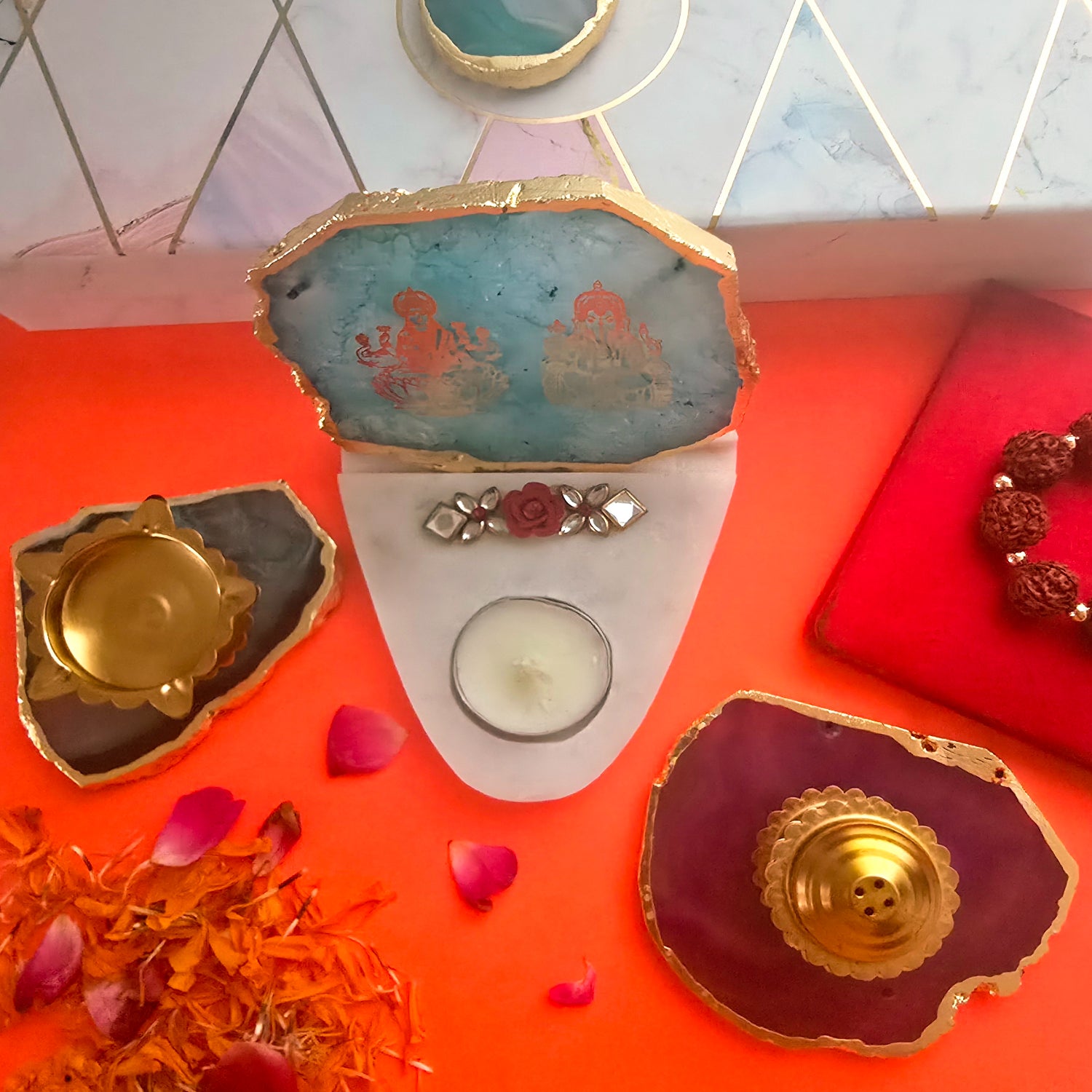 Agate Pooja Set With Laxmi Ganesha Tealight Holder , Brass Diya And Incense Holder