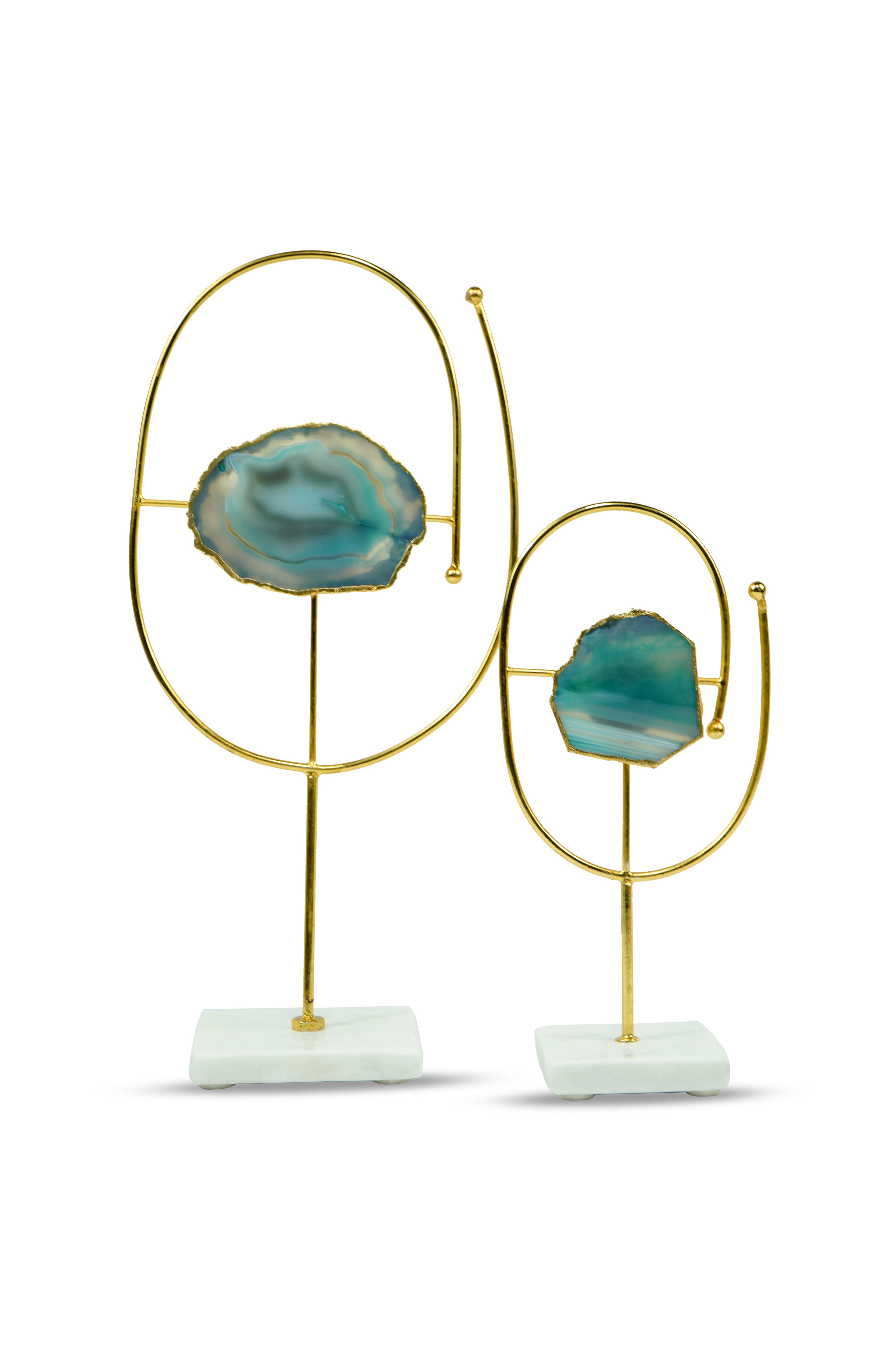 Turquoise Agate Metal Oval Shape Showpiece with Marble Base Set of 2 Home Decor Accent