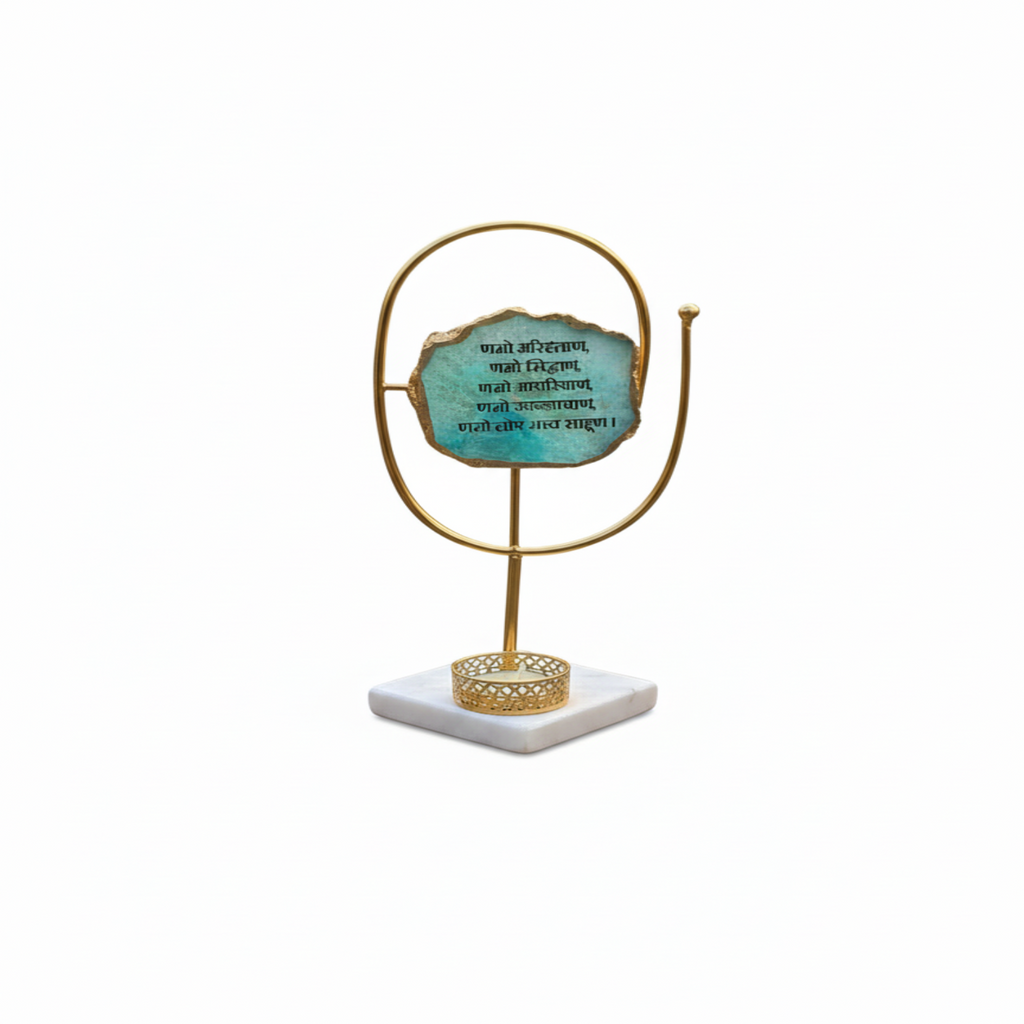 Agate Namokar Mantra Oval Shape Metal Showpiece- Turquoise