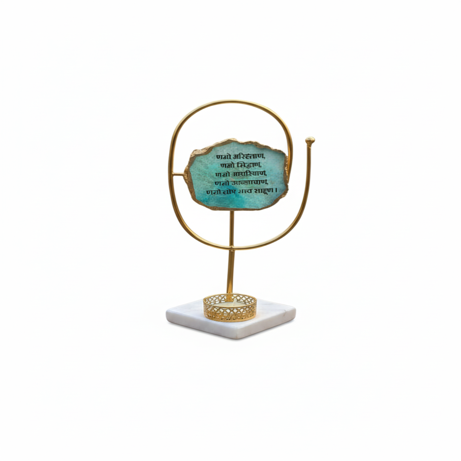 Agate Namokar Mantra Oval Shape Metal Showpiece- Turquoise