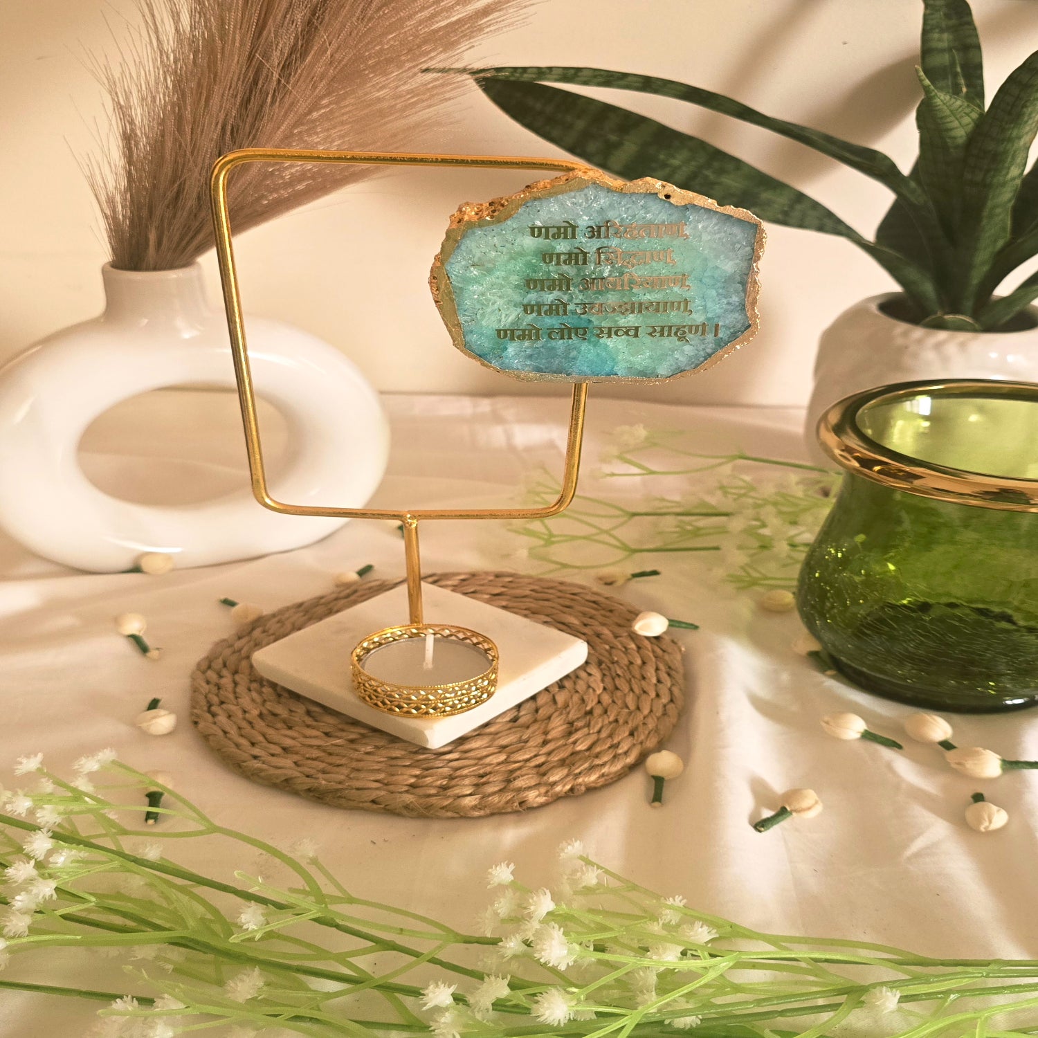 Agate Namokar Mantra Rectangular Shape Metal Showpiece- Turquoise